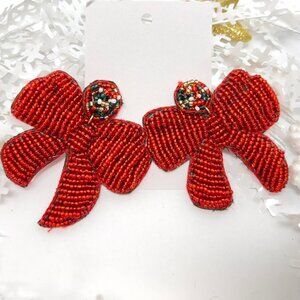 Handmade Beaded Earring, Bow Red